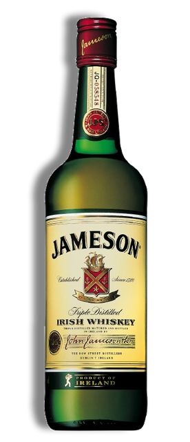 Bottle of Jameson Irish Whiskey, green glass, cream label, red cap.
