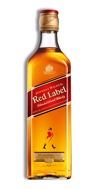 Bottle of Johnnie Walker Red Label scotch whiskey with red and gold label.
