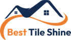 Logo for "Best Tile Shine" featuring a dark blue house silhouette with windows atop a flowing orange swoosh.