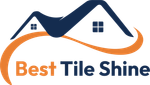 Logo for "Best Tile Shine" featuring a dark blue house silhouette with windows atop a flowing orange swoosh.