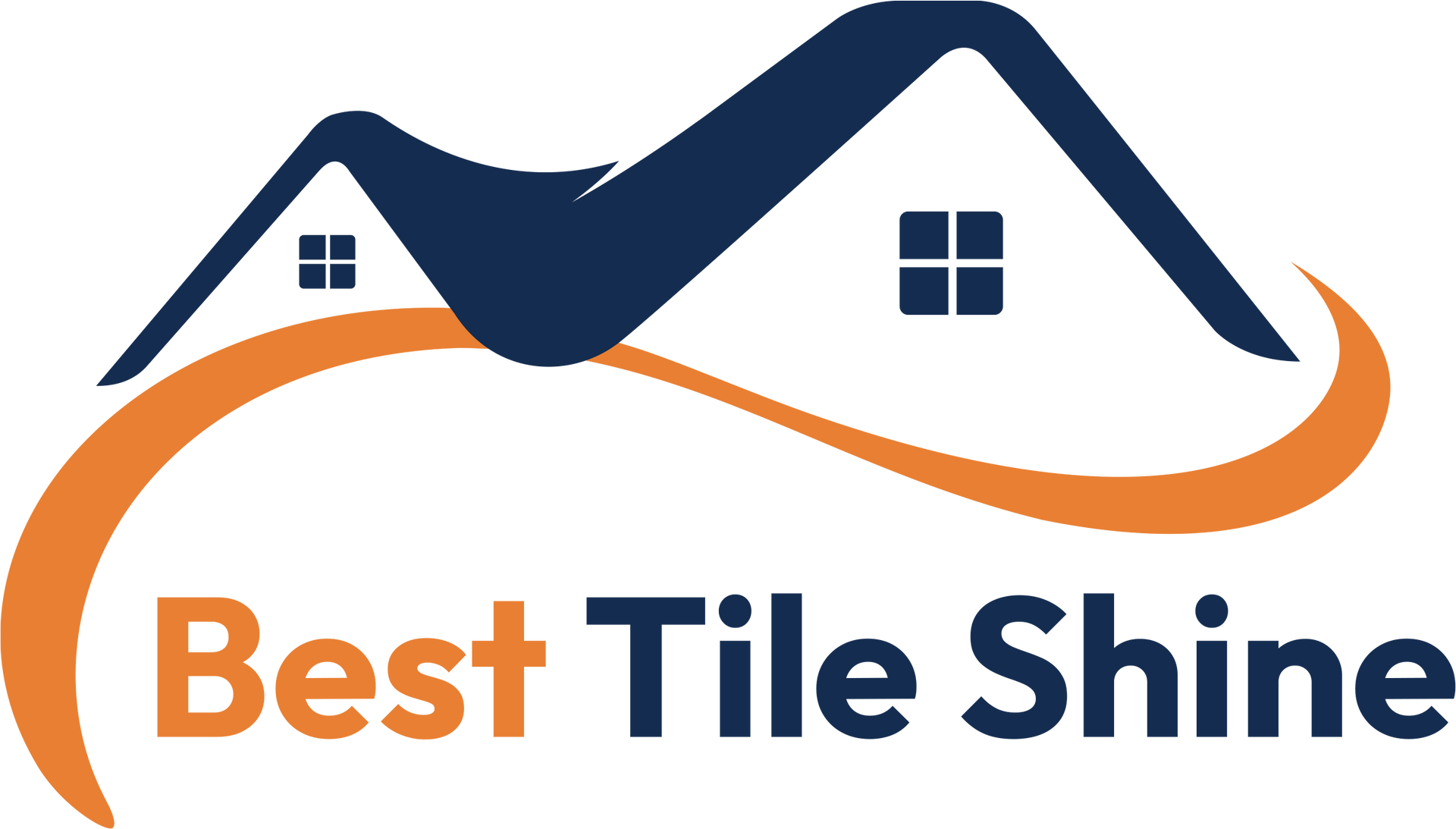 Logo for "Best Tile Shine" featuring a dark blue house silhouette with windows atop a flowing orange swoosh.