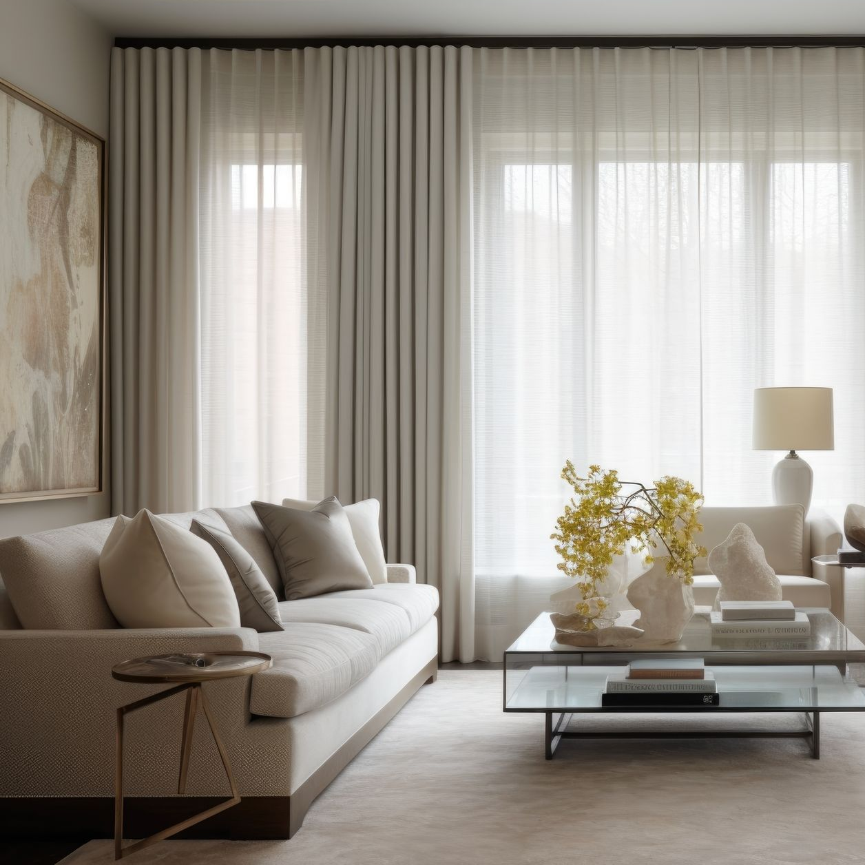 Living room with neutral tones, sofa, sheer curtains, art, and glass coffee table.
