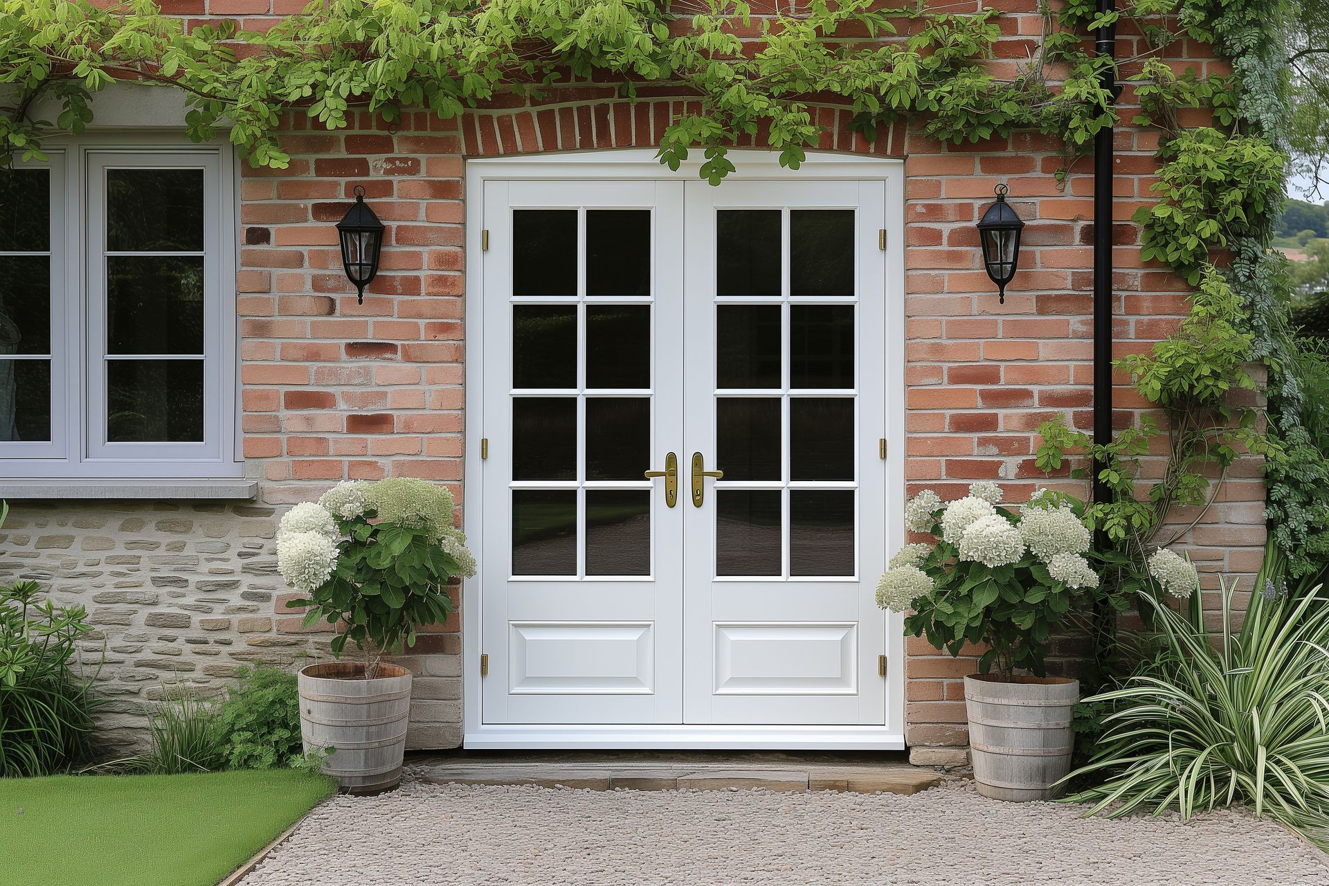 An exterior view of a French door with light-blocking window treatments