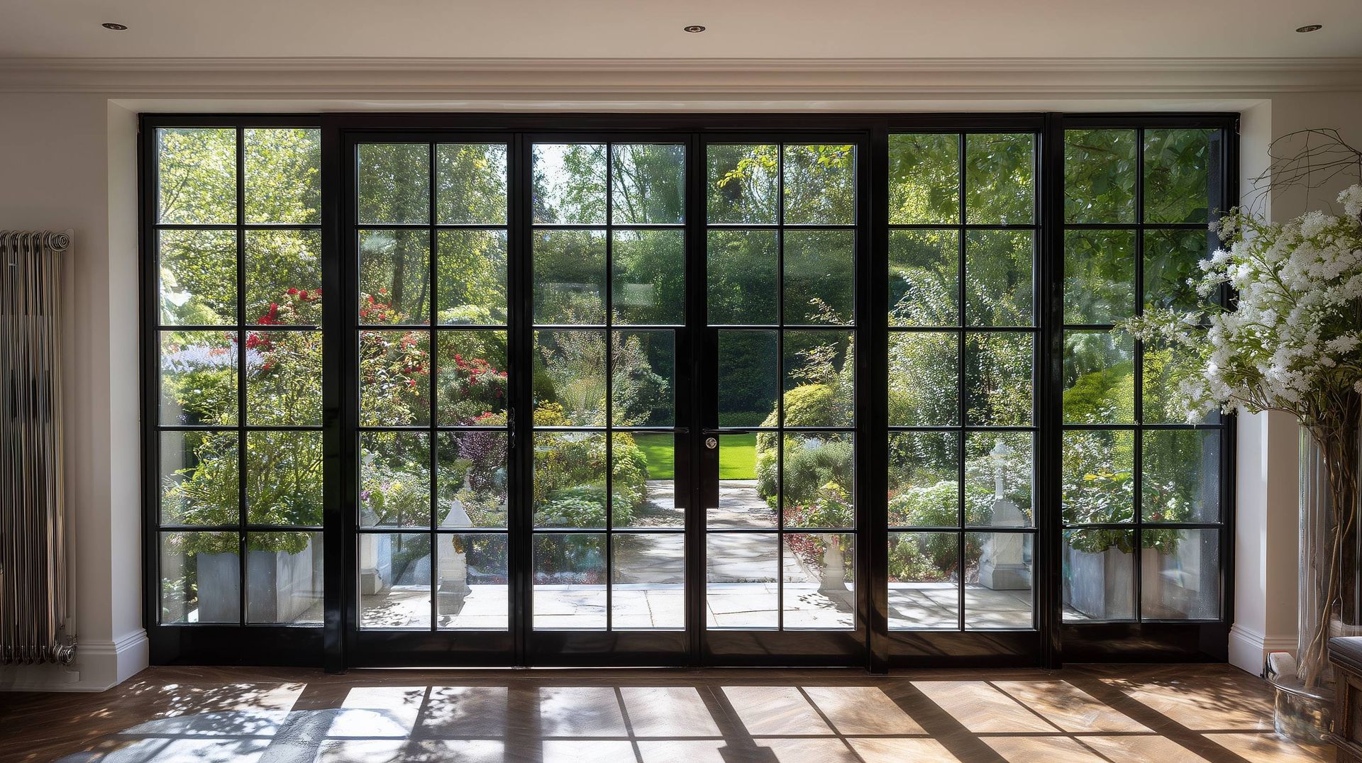 Interior view of a large black framed window looking out onto a lush green garden on a sunny day