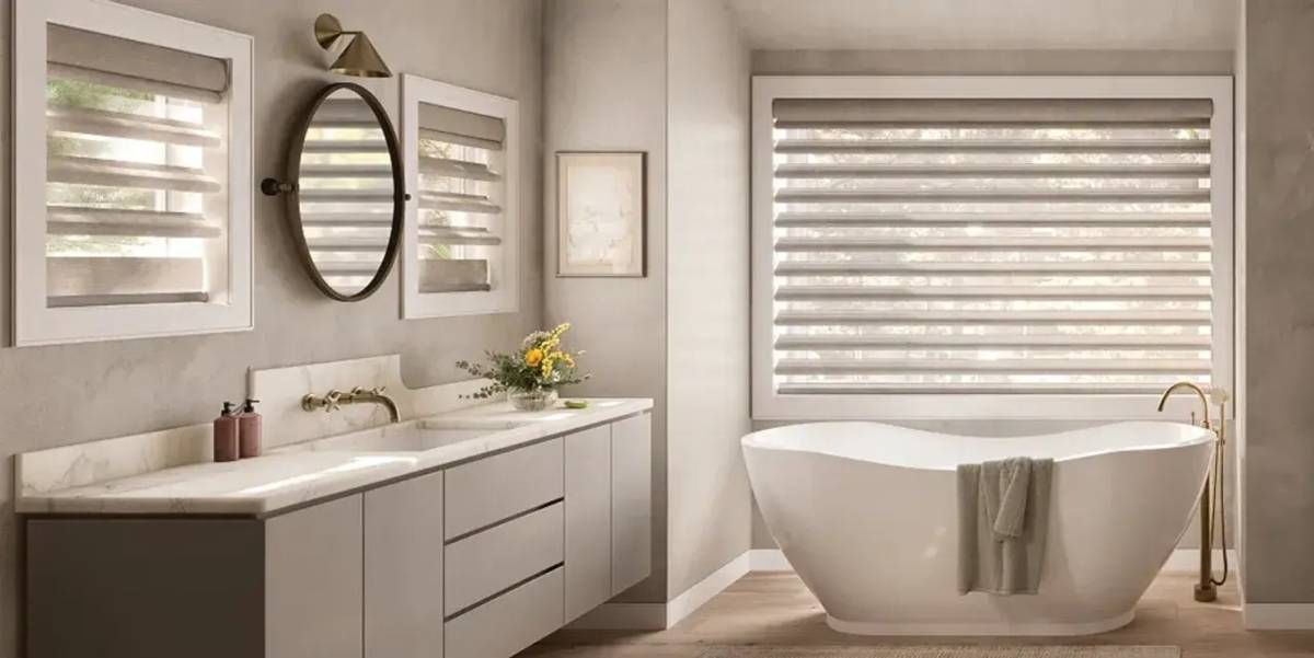 Hunter Douglas EverWood® Faux Wood Blinds in a bathroom near Burlingame, Los Altos, Menlo Park, and San Carlos, California (CA)