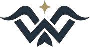 Stylized dark blue abstract winged W logo with a gold star above on a white background