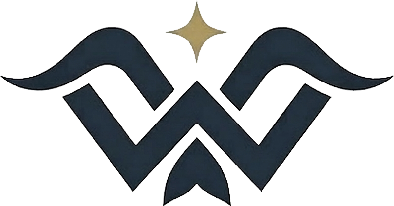 Stylized dark blue abstract winged W logo with a gold star above on a white background