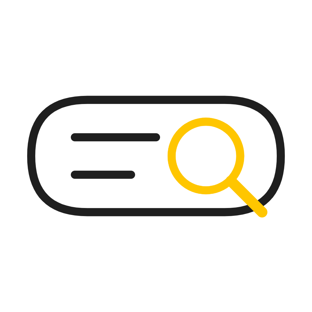 Search icon with black lines and yellow magnifying glass inside rounded rectangle