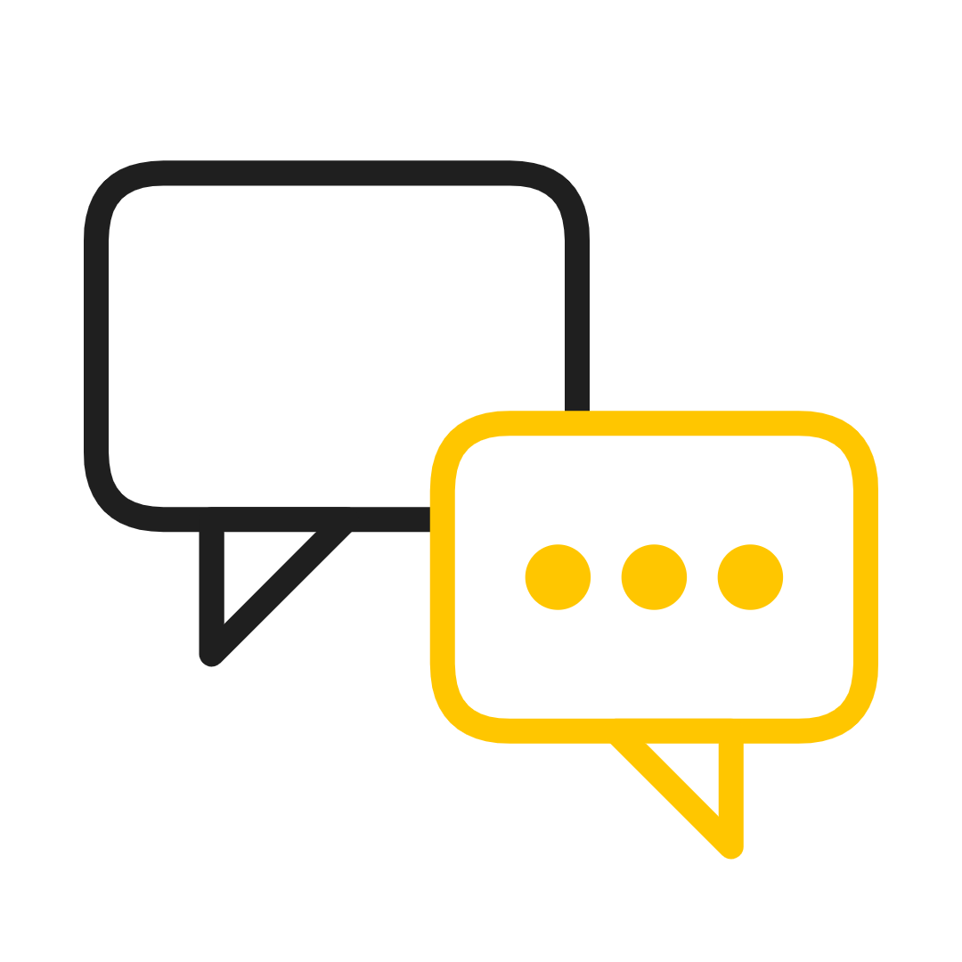 Two overlapping speech bubbles, one black outline and one yellow with three dots