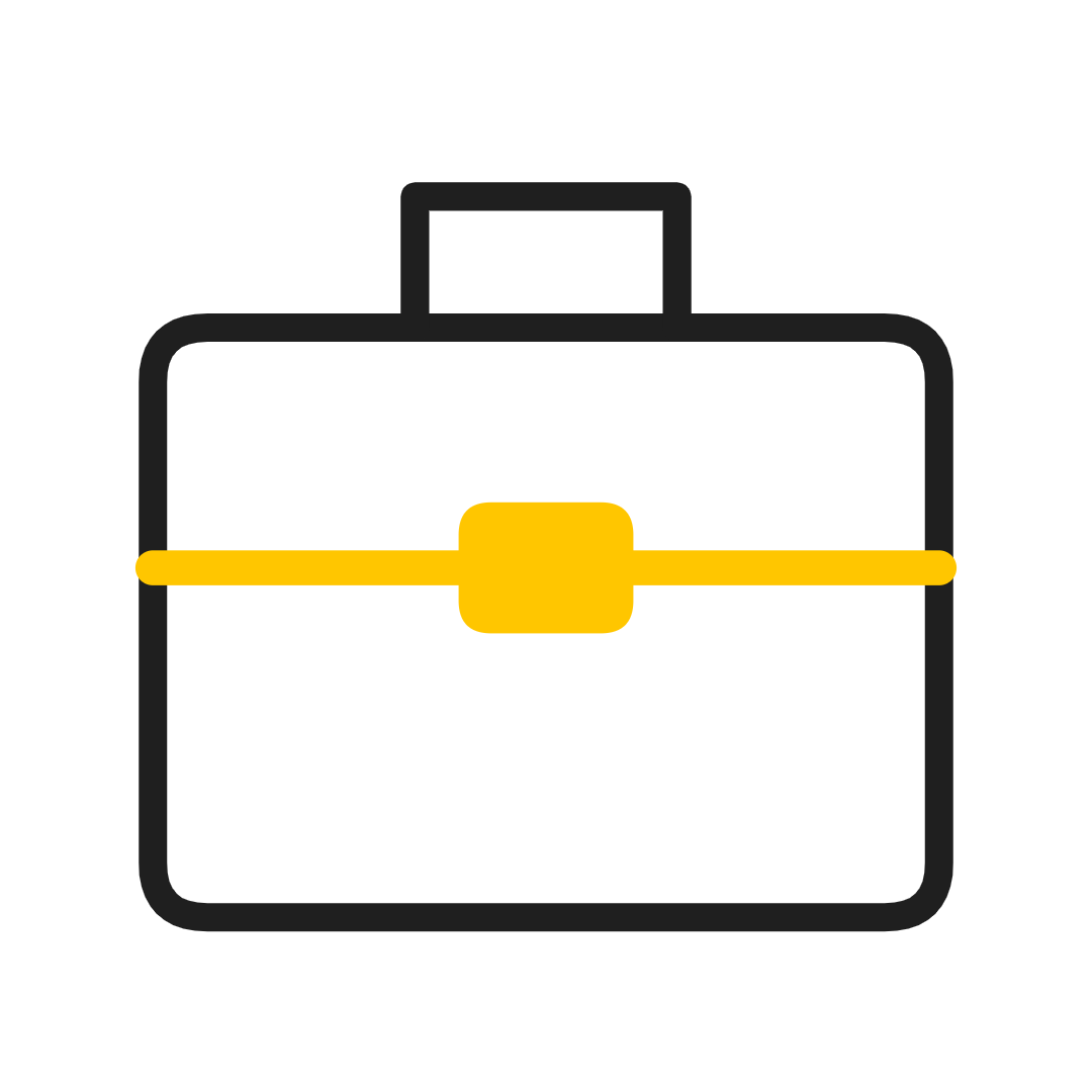 Black outlined briefcase with a yellow horizontal strap and handle on a white background