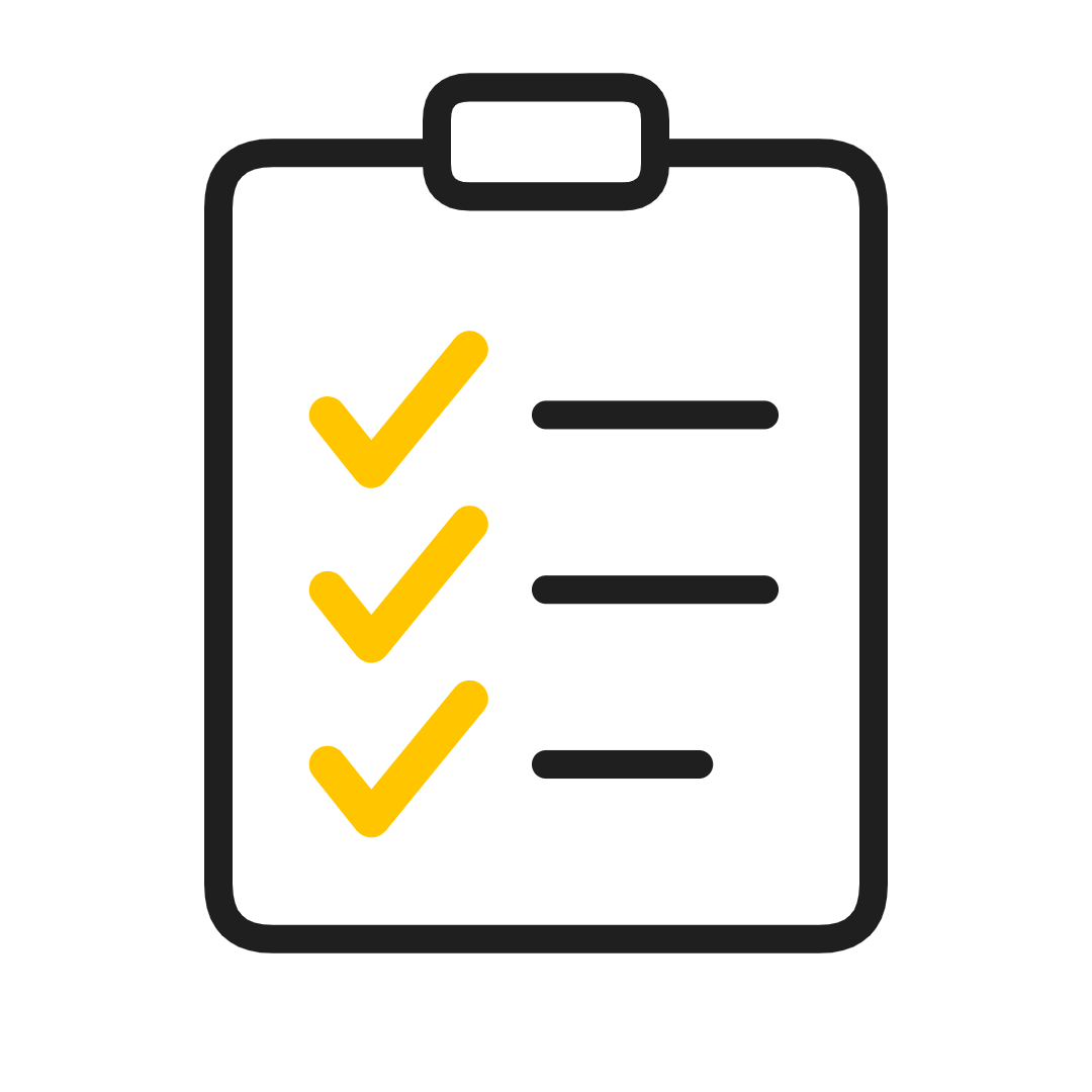 Clipboard with yellow check marks and lines, representing a completed checklist