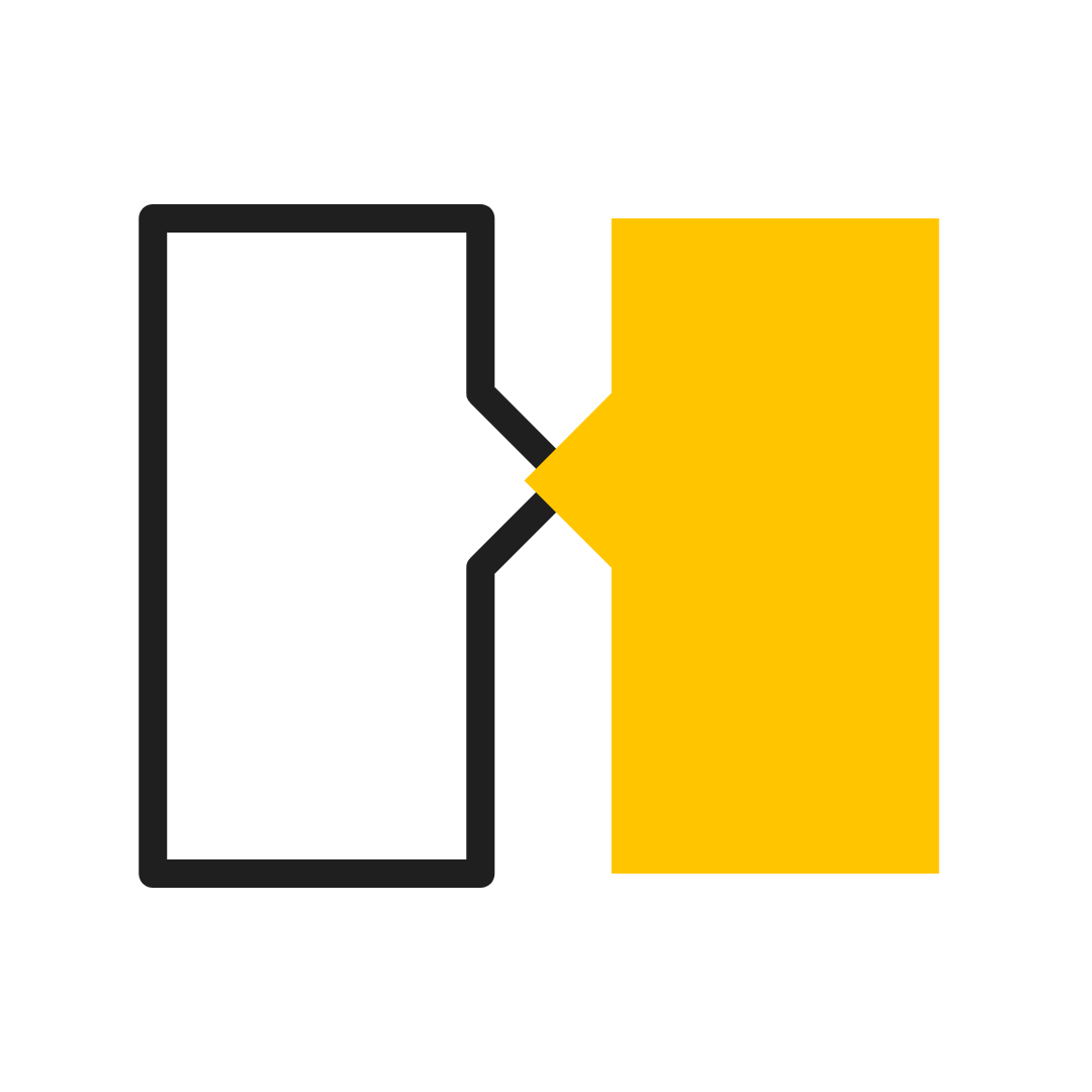 Black outlined shape and yellow shape meeting at a center notch on a white background