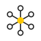 Black six-spoke network icon with a yellow center on a white background