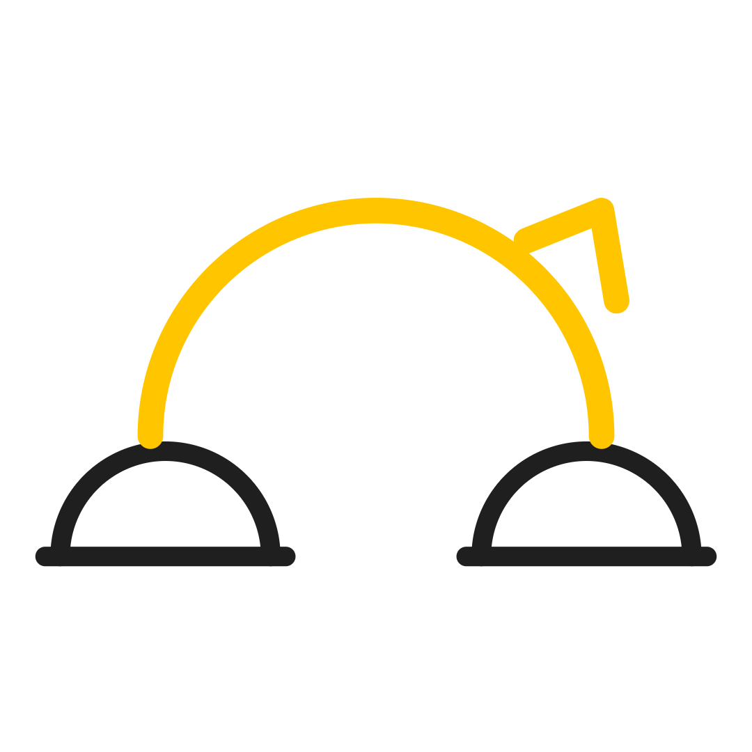 Yellow arch over two black semicircles on a white background