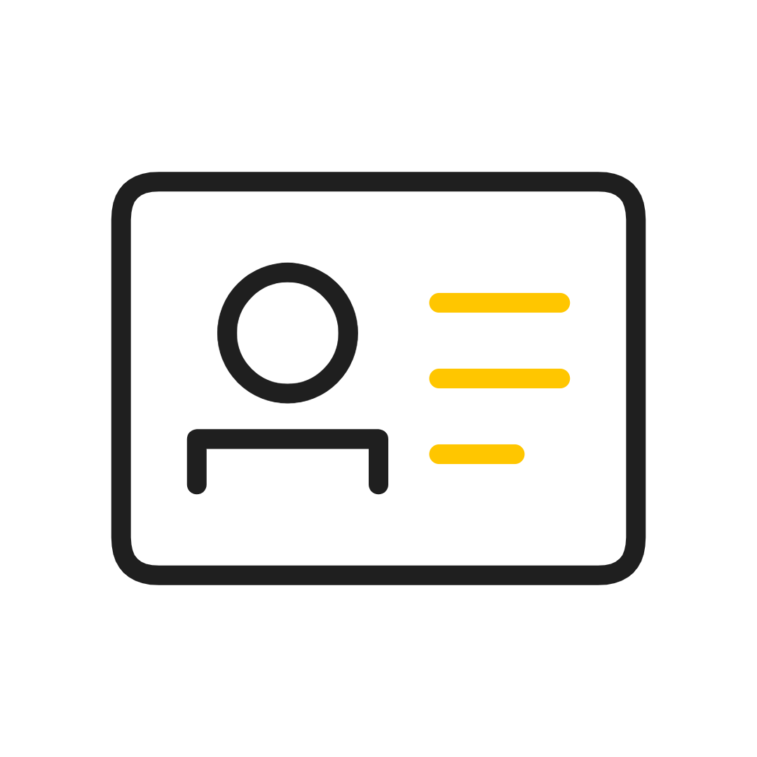 ID card icon with a person silhouette and three yellow text lines inside a rounded rectangle