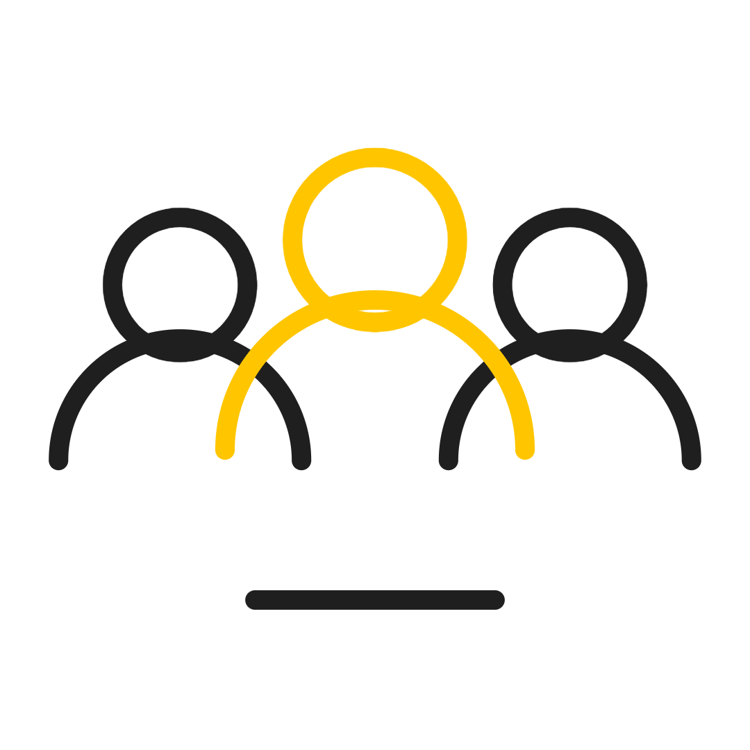 Three outlined people icons, center in yellow and side figures in black, above a short black line.