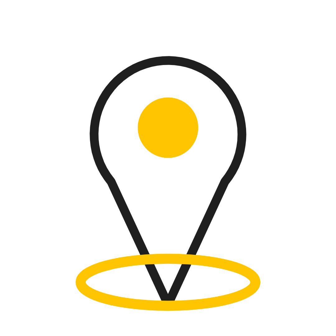 Black map pin icon with a yellow center and yellow oval base on a white background