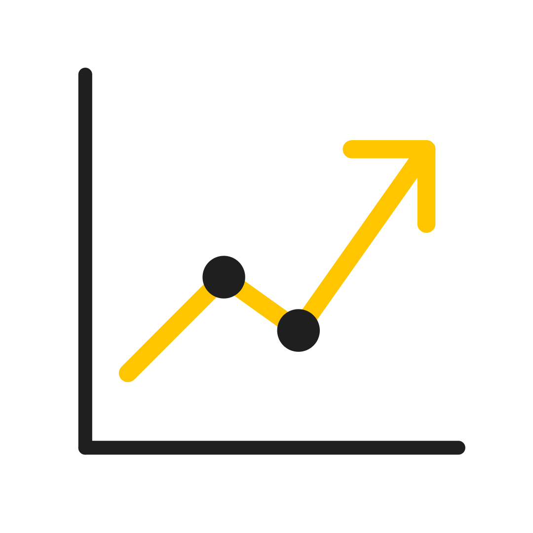 Black line graph with yellow upward trend arrow and two black data points on a white background