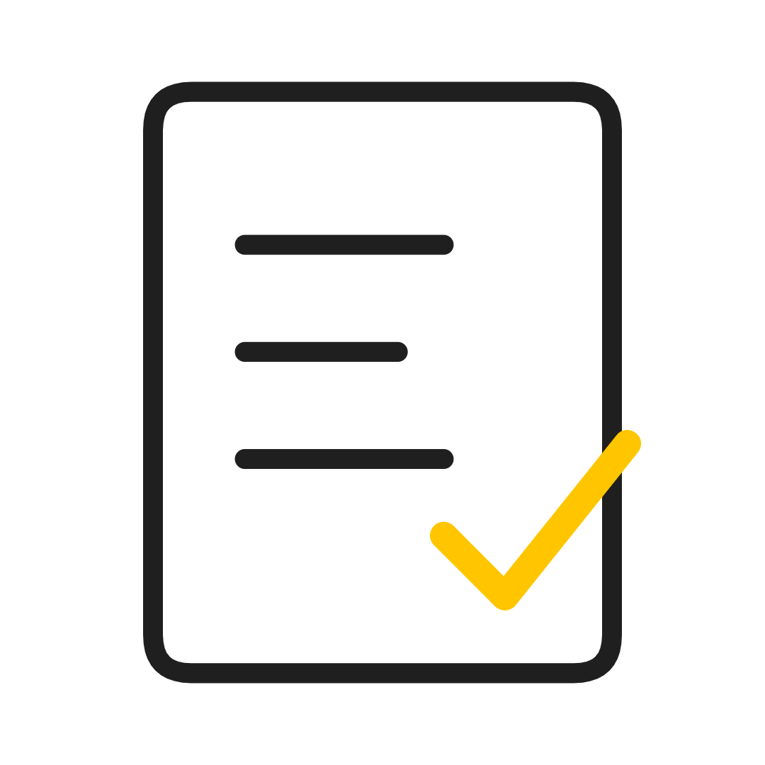 Checklist icon with a yellow check mark on a white document outline