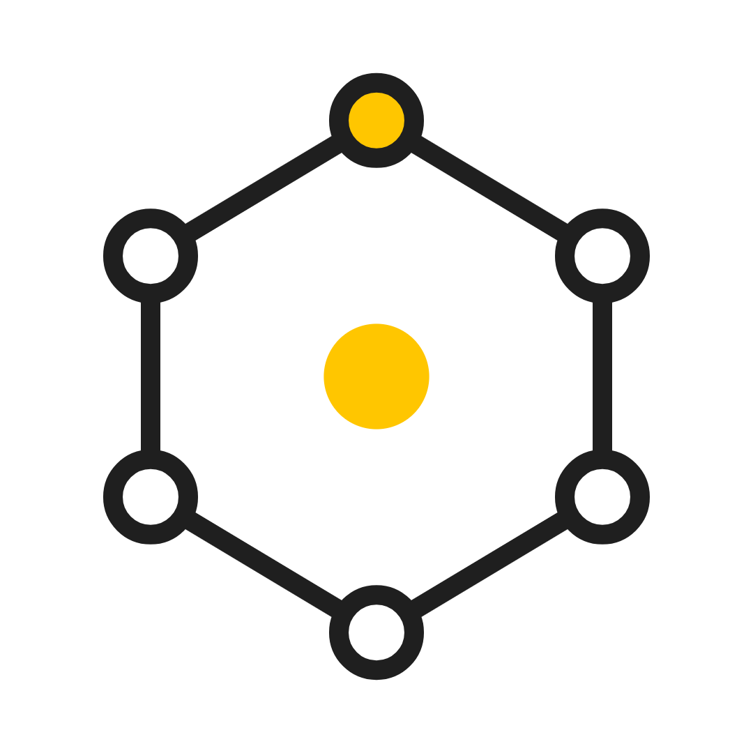 Black-outlined hexagon with white nodes, a yellow top node, and a yellow dot in the center.