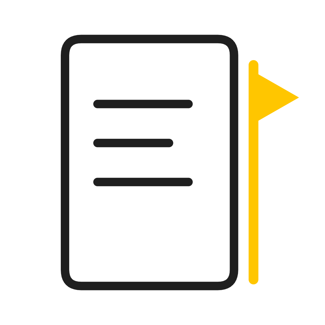 Outlined document icon with three lines and a yellow flag bookmark on the right