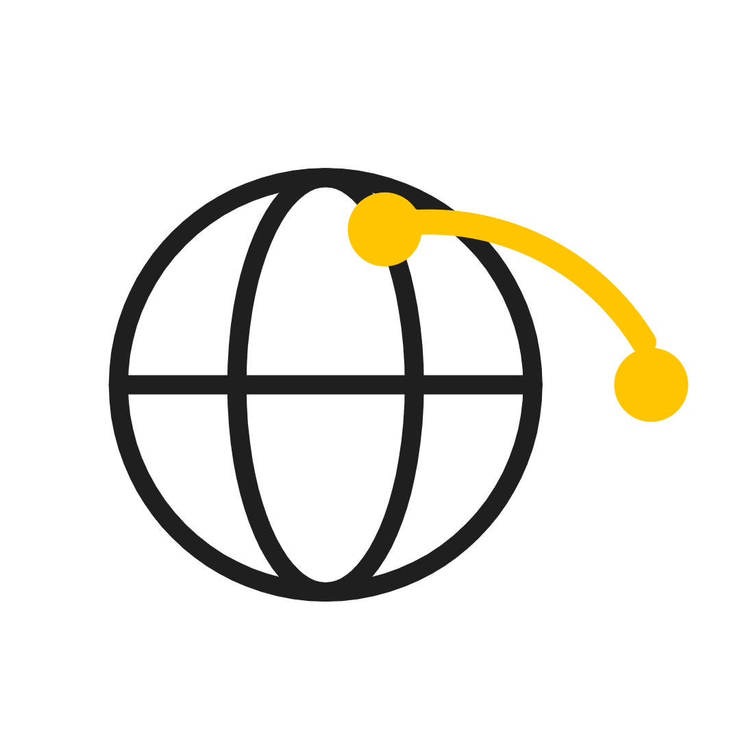 Black globe icon with a yellow curved line and dots over the top right