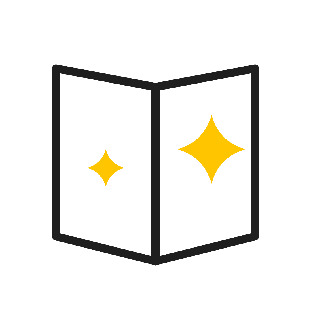 Open black book icon with two yellow sparkle stars on white background