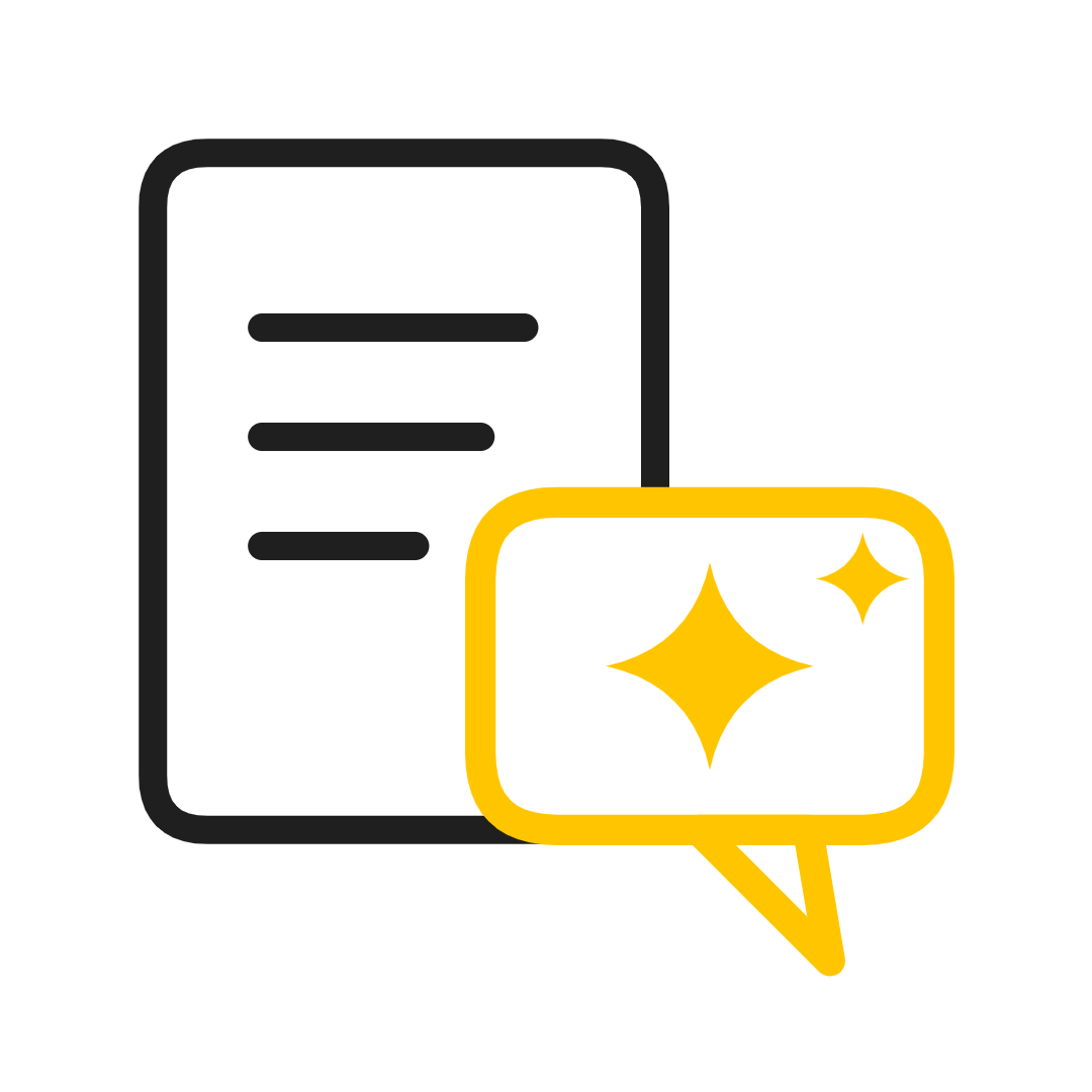 Black document with yellow chat bubble and sparkles, suggesting AI-assisted text or translation