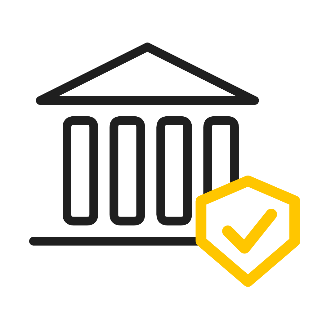 Bank building icon with a yellow shield checkmark overlay