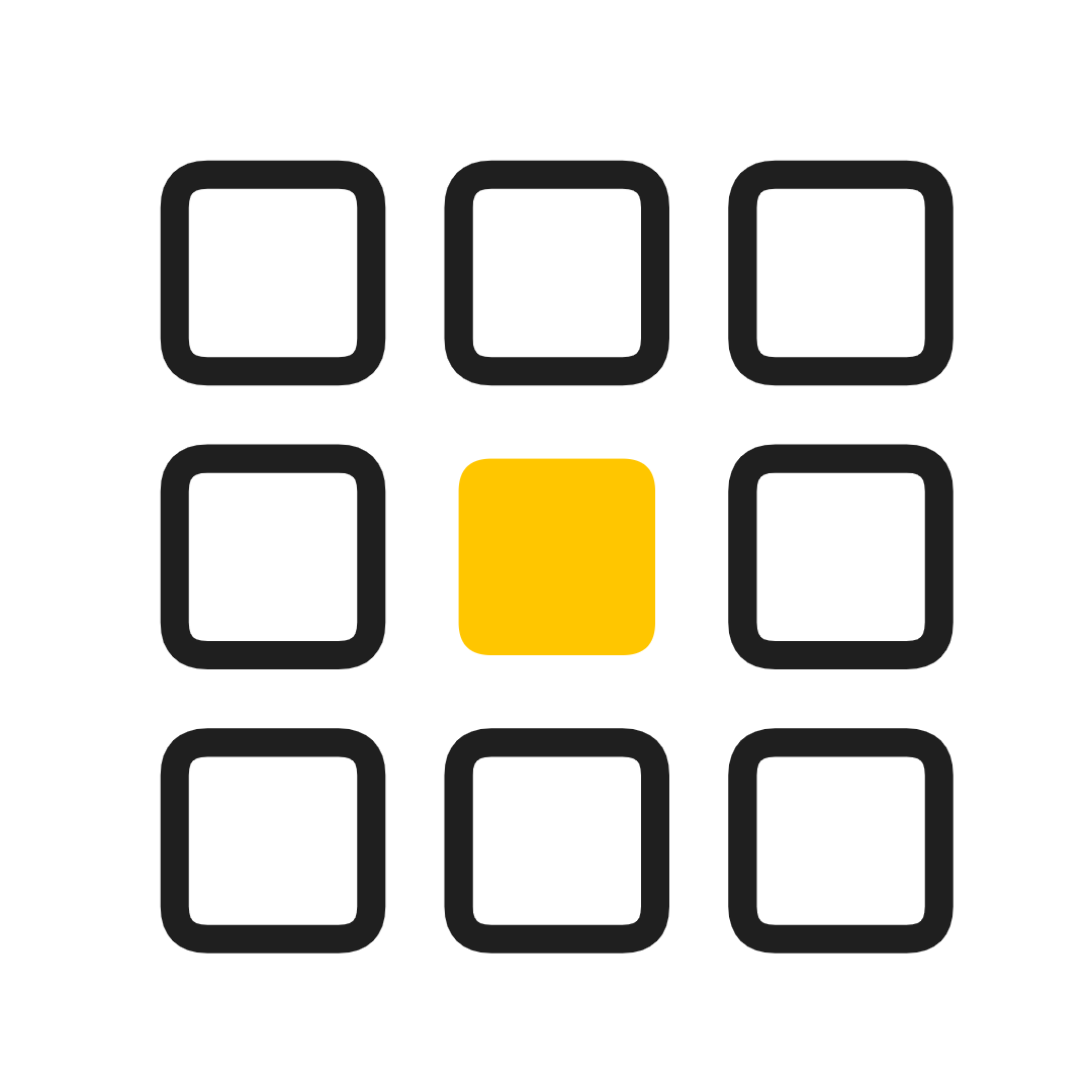 3x3 grid of rounded squares, with the center square filled yellow and the others outlined in black
