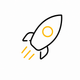Simple black rocket icon with yellow window and exhaust flames on white background