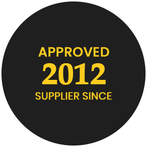 Black circular badge with yellow text: “APPROVED 2012 SUPPLIER SINCE”
