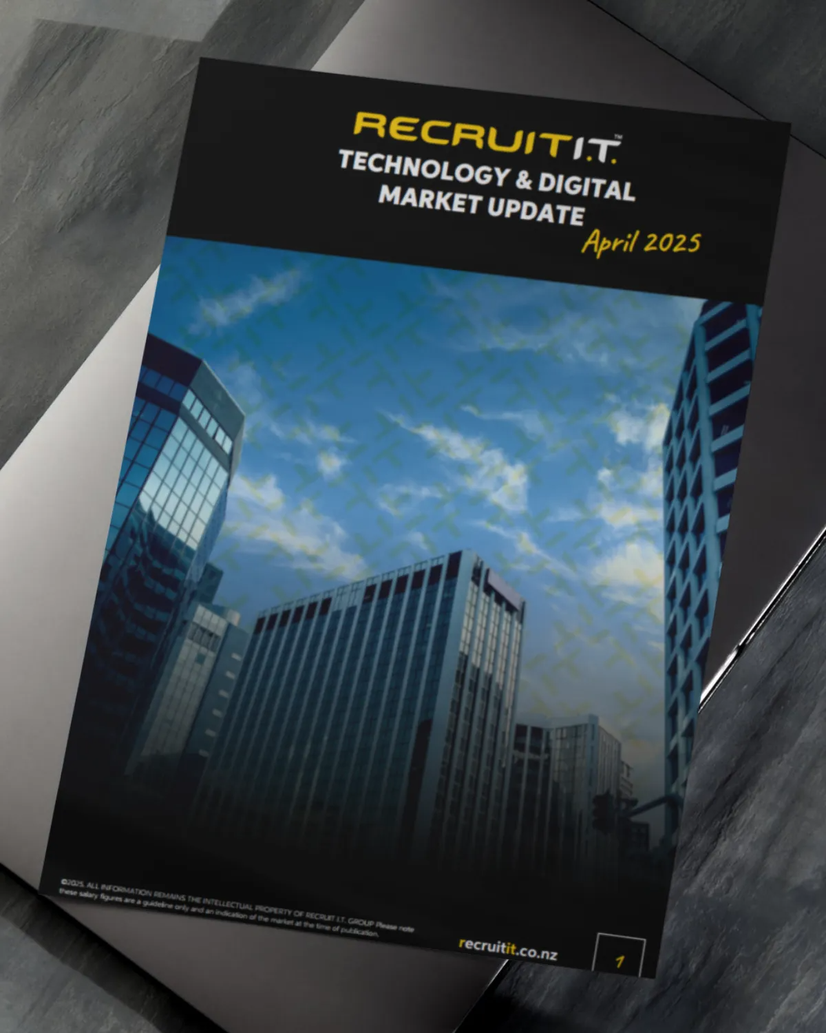 Recruit-it Technology & Digital Market Update report cover with blue city skyscrapers