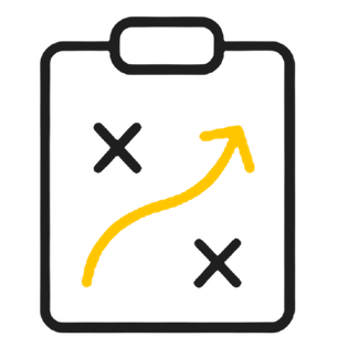 Clipboard icon with two black X marks and a yellow upward trend arrow