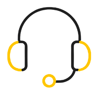 Black and orange headset icon with microphone on a white background