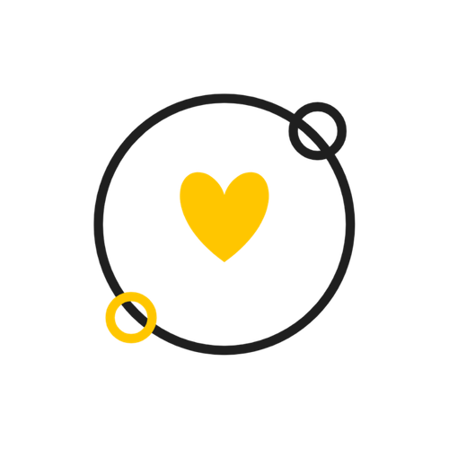 Yellow heart inside a black circle with two small outlined circles, one black and one yellow