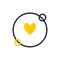 Yellow heart inside a black circle with two small overlapping rings, one yellow and one black