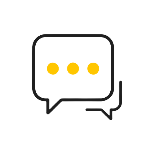 Two overlapping chat bubbles with three yellow dots, outlined in black on a white background