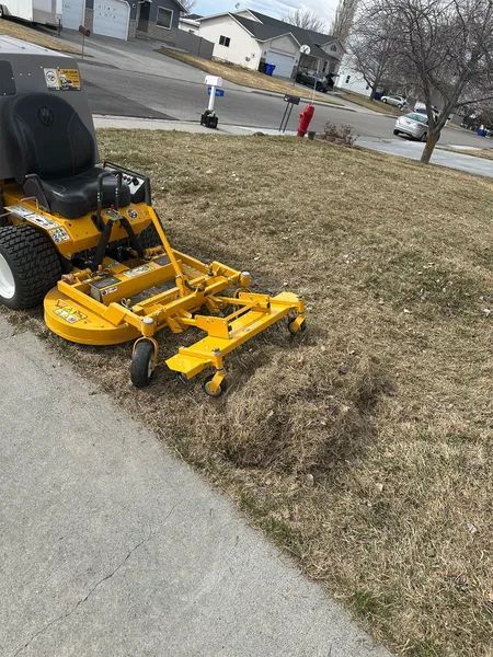 Yellow riding lawn mower mowing dry grass along a driveway in a suburban yard