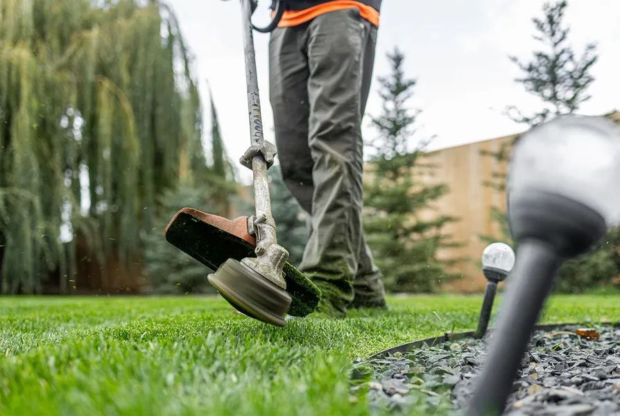 Lawn worker trimming grass with a string trimmer near a garden path and trees