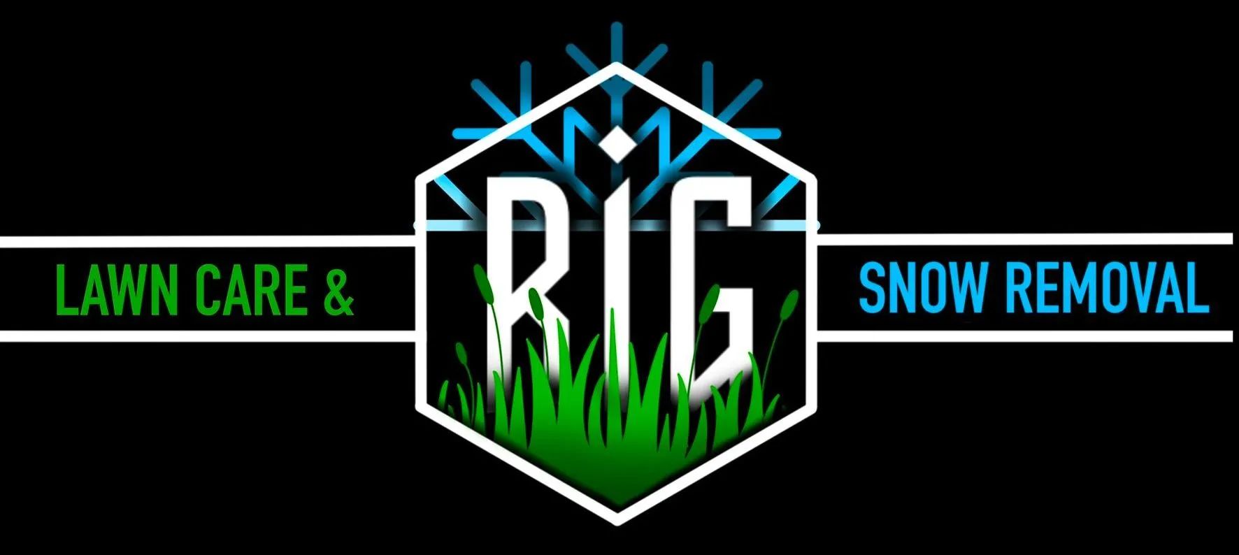 RIC lawn care and snow removal logo on black background, with green and blue text and grass graphic