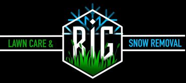 RIC lawn care and snow removal logo on black background, with green and blue text and grass graphic