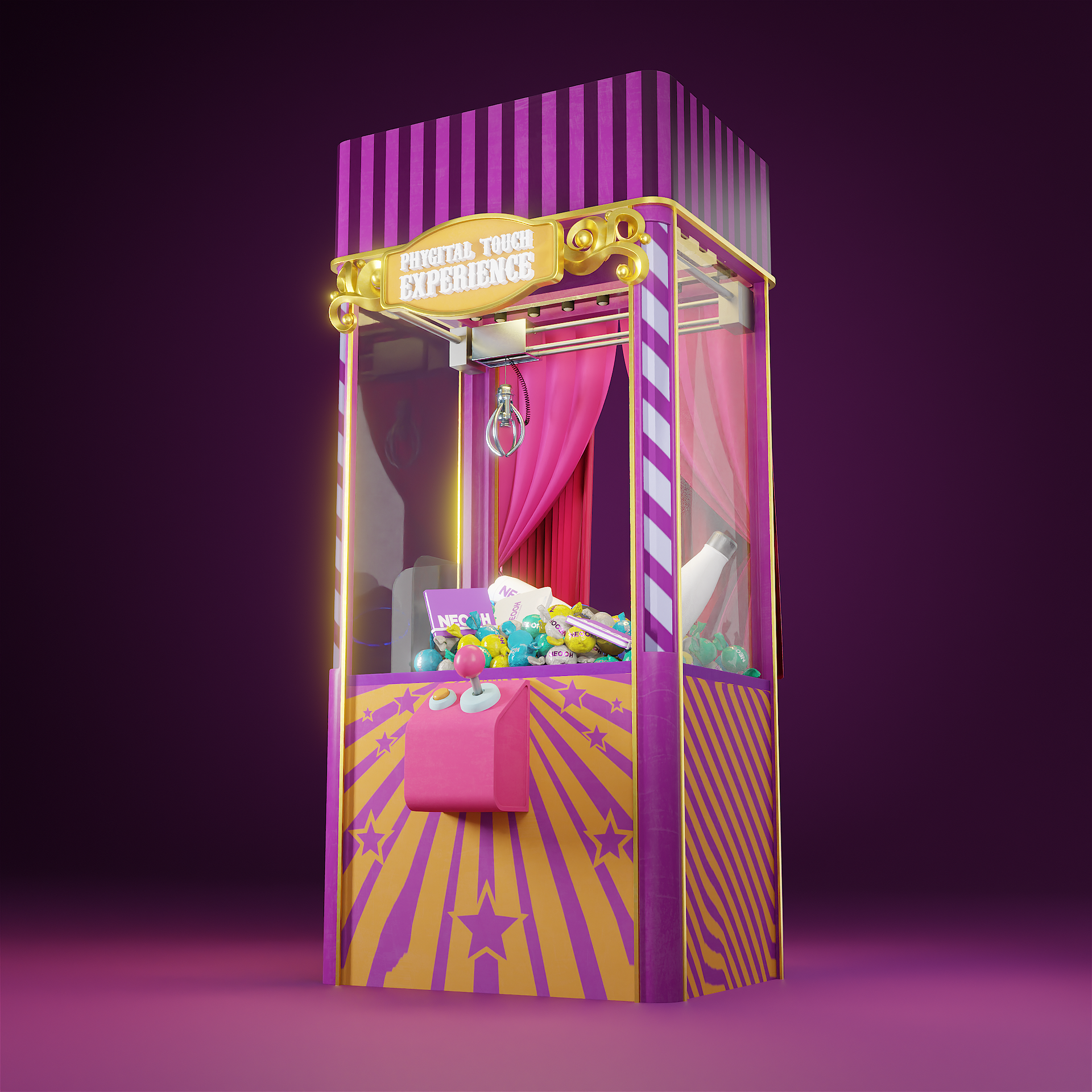 Uma renderização 3D de uma máquina de garra de carnaval em um fundo roxo.