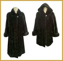 Two black fur coats on mannequin forms, front and side views, on a white background