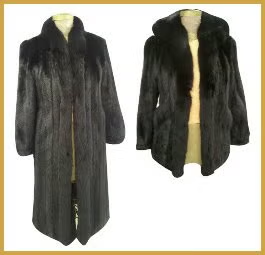 Black fur coat shown front and back on a mannequin, with a tan lining visible when open