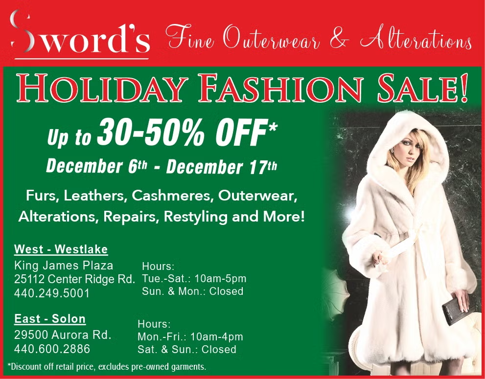 Holiday fashion sale ad for Swords Fine Outerwear & Alterations, up to 30-50% off, Dec. 6–17.