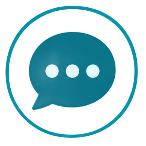 Teal chat bubble with three white dots inside a teal circle