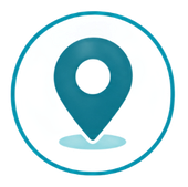 Teal location pin inside a circular teal outline on a white background