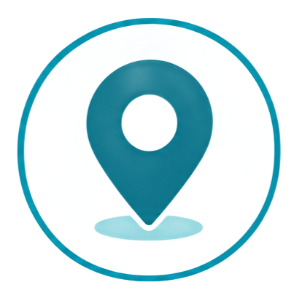 Teal location pin inside a circular teal outline on a white background