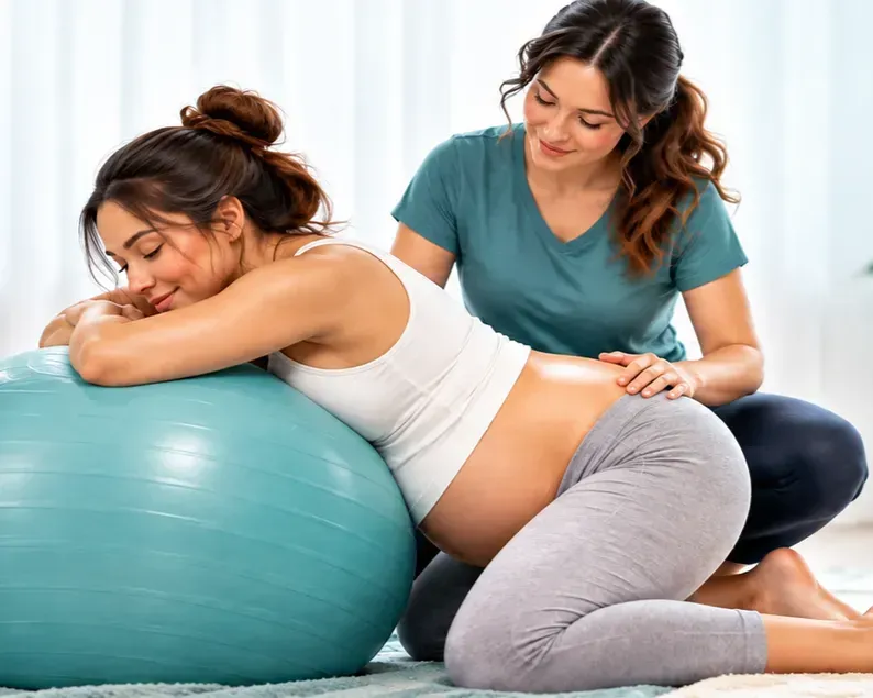 Pregnant woman leaning on a teal exercise ball while a trainer supports her in a bright studio